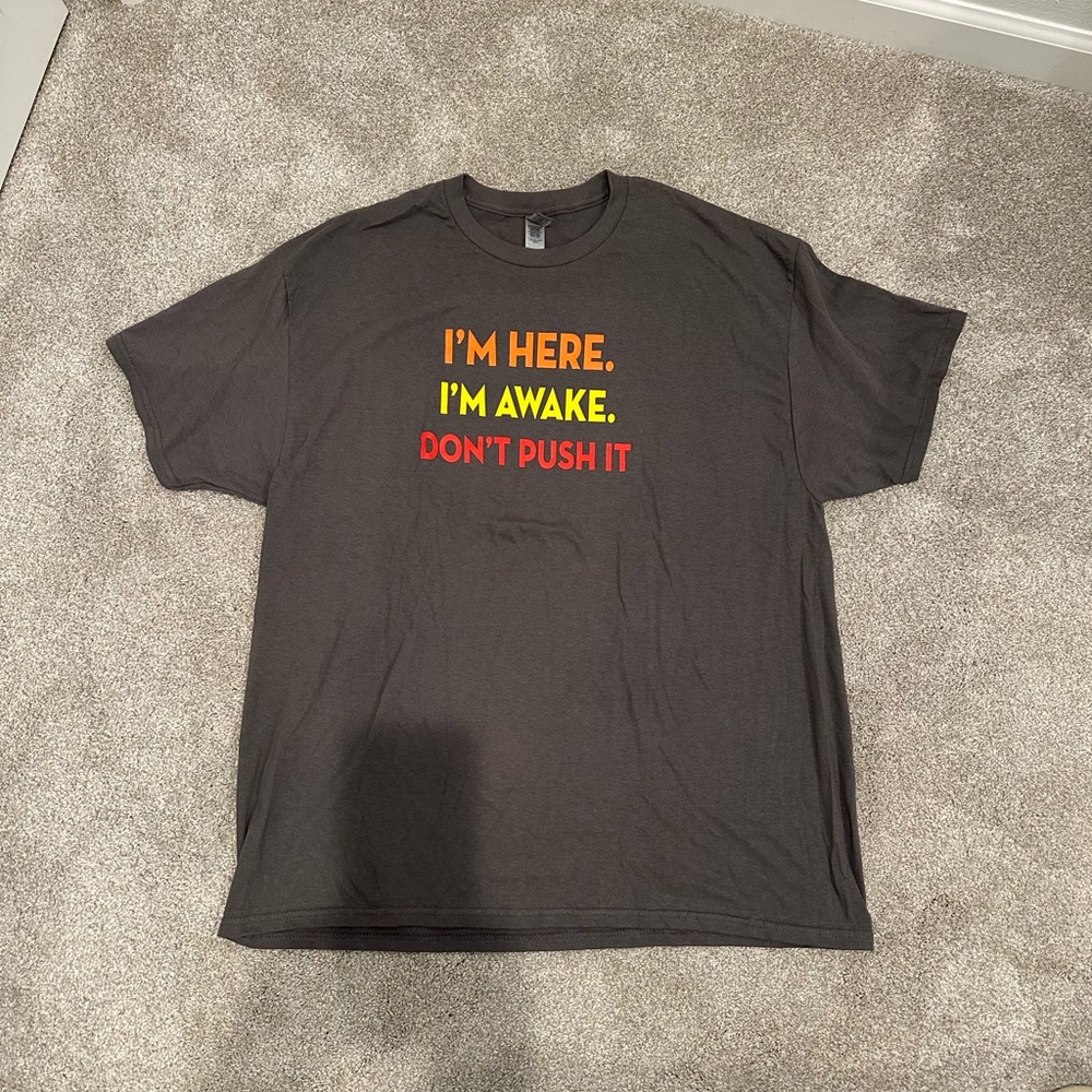 Gildan Dark Gray Tee with Bold Text Print NWOT
